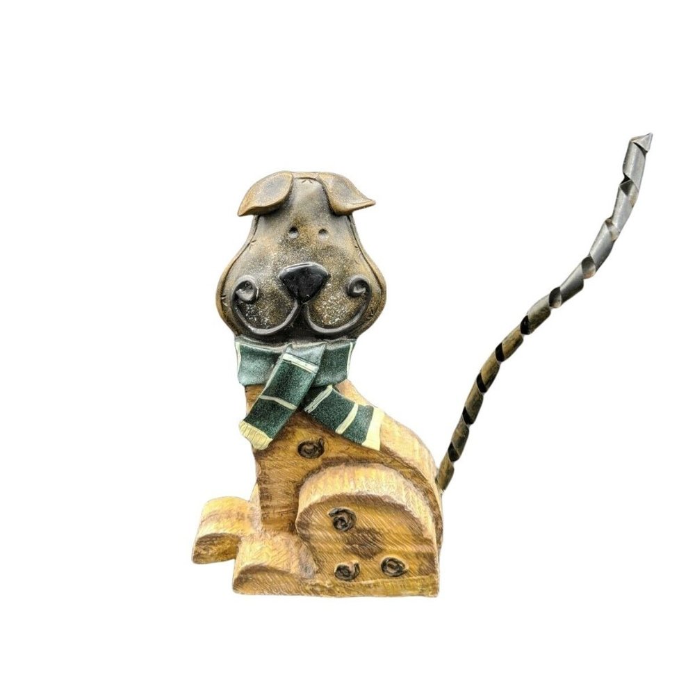Puppy Dog Wearing a Green White Scarf Figurine Resin w Curly Bendable Metal Tail